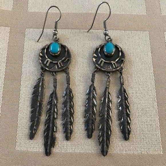 Vintage Sterling Turquoise Feather Earrings - Picture 1 of 5
